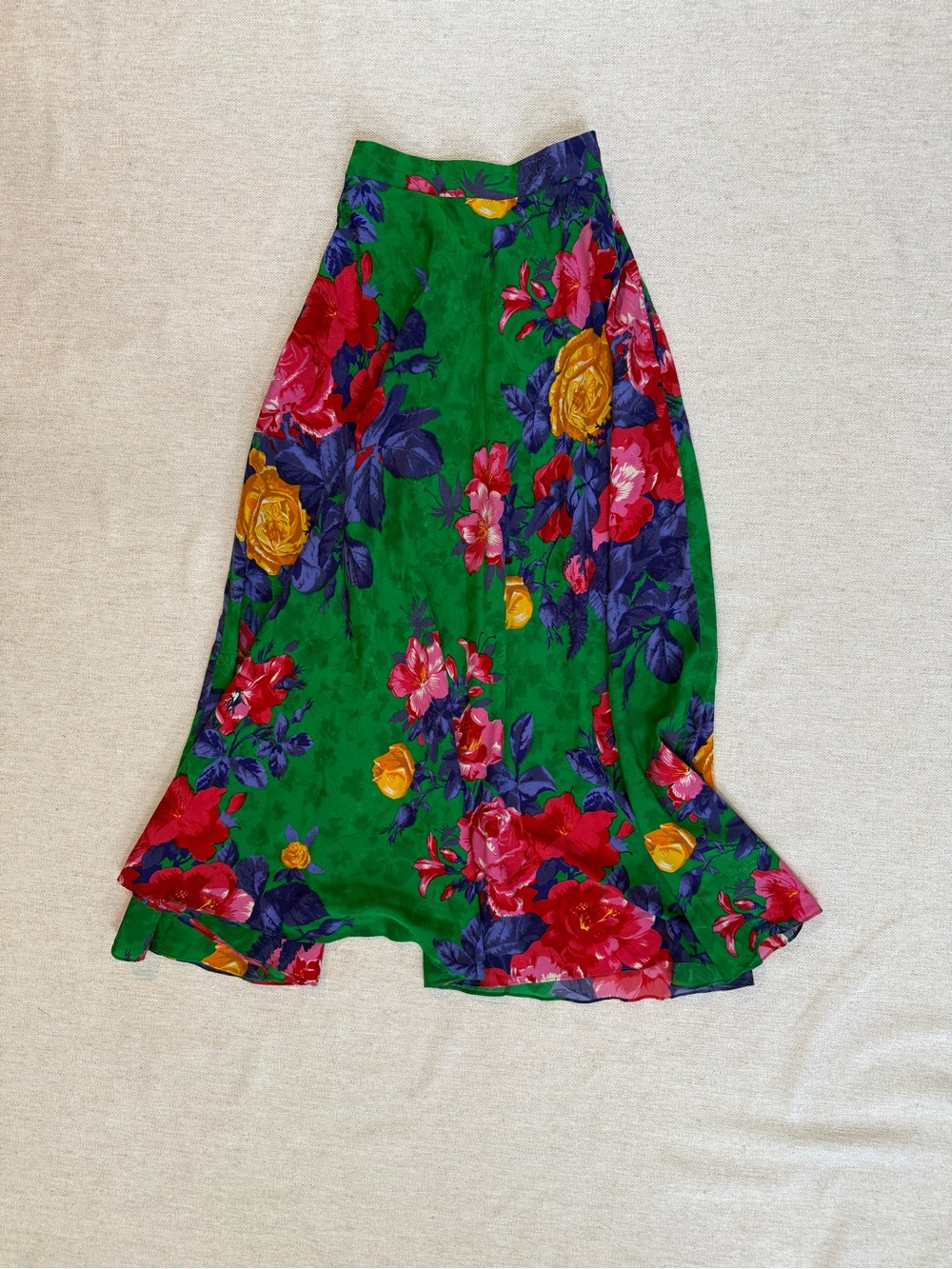 Ralph Lauren Silk Green Midi Skirt with Pink, Yellow & Purple Floral Print